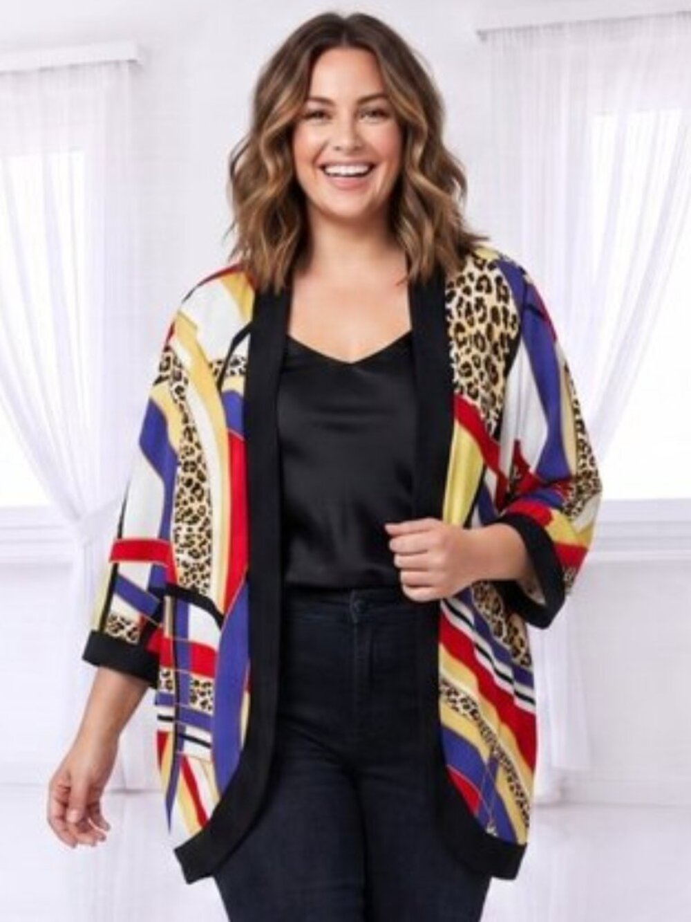 Antthony Large Mixed Print Leopard Colorblock Open Front Blazer Cardigan